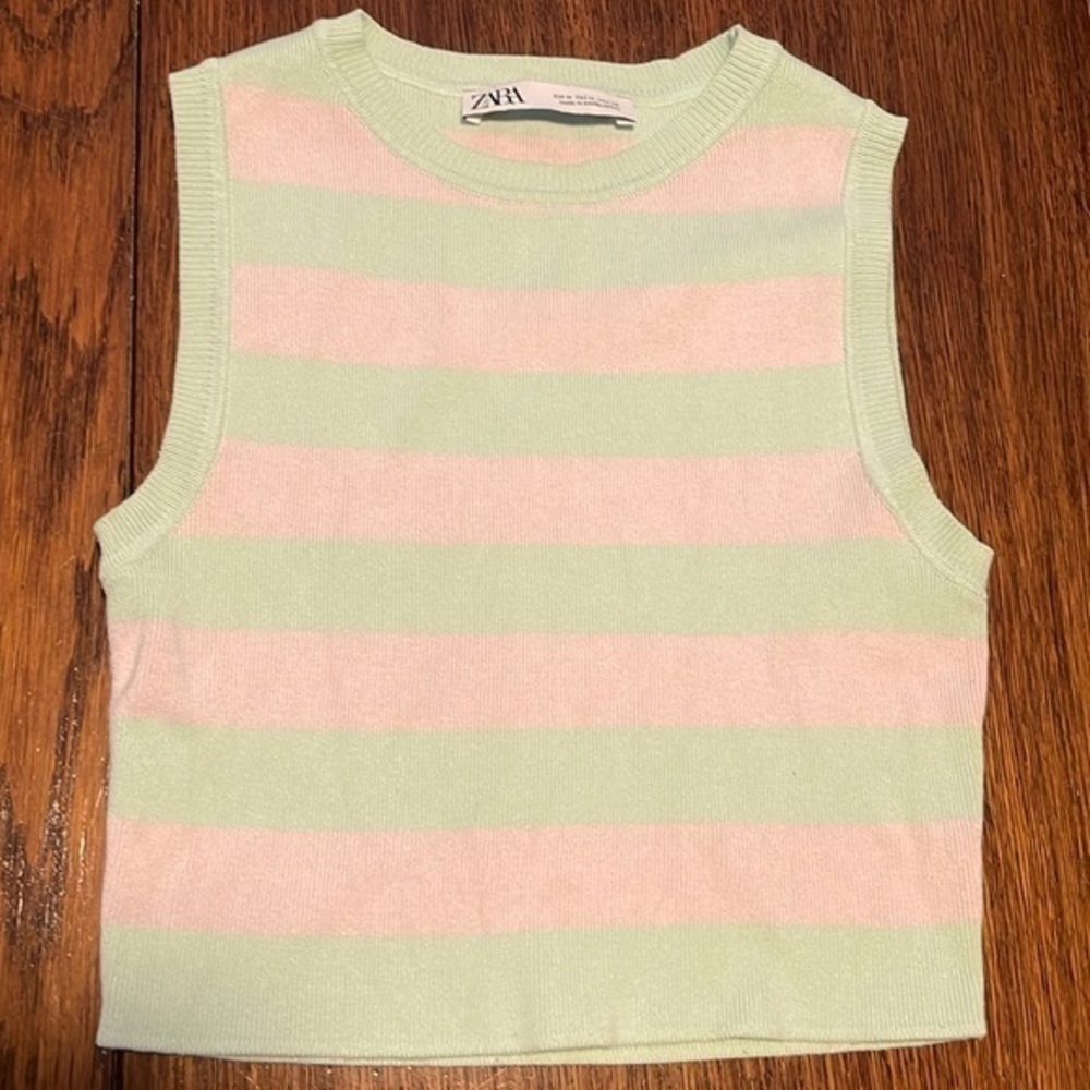 Zara Pastel Pink and Mint Green Striped Knit Tank Sweater